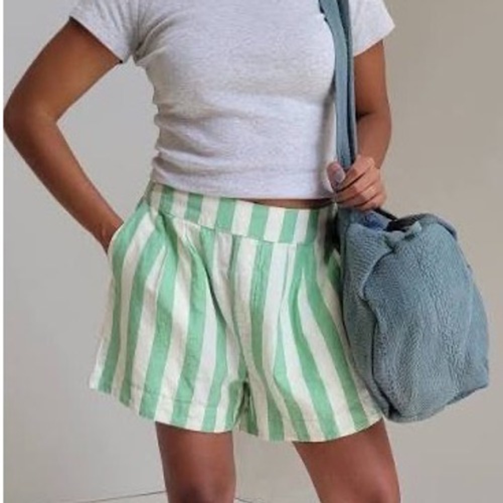 NEW Pact Organic Cotton Linen Striped Shorts Green White High Rise XL